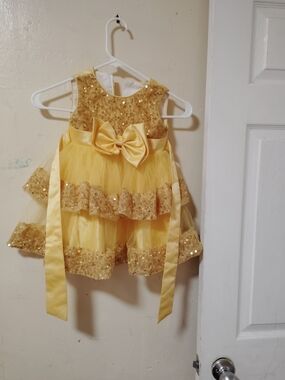 Golden Sequin Bow Tulle Kids Party Dress